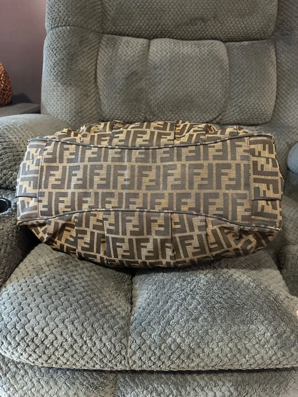 Fendi Brown Zucca Pattern Shoulder Bag with Logo Plaque